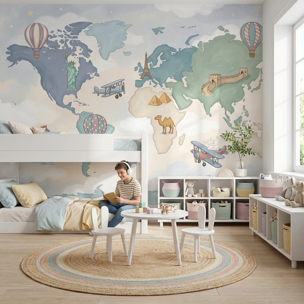 World Map Wallpaper Cloudy Sky Wall Mural