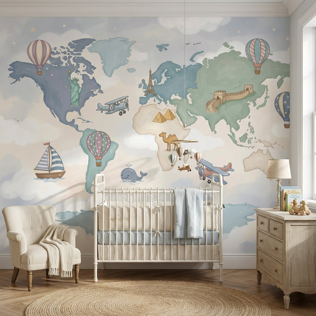 World Map Wallpaper Cloudy Sky Wall Mural