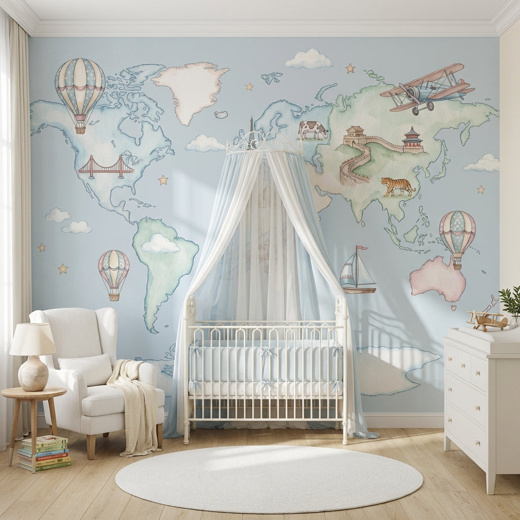 World Map Wallpaper Hot Air Balloon Iconic Wall Mural