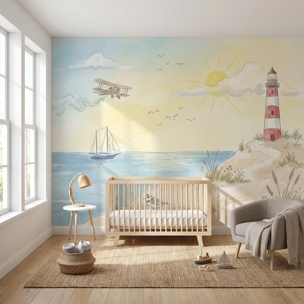 Coastal Wallpaper Lighthouse Sunny Wall Mural