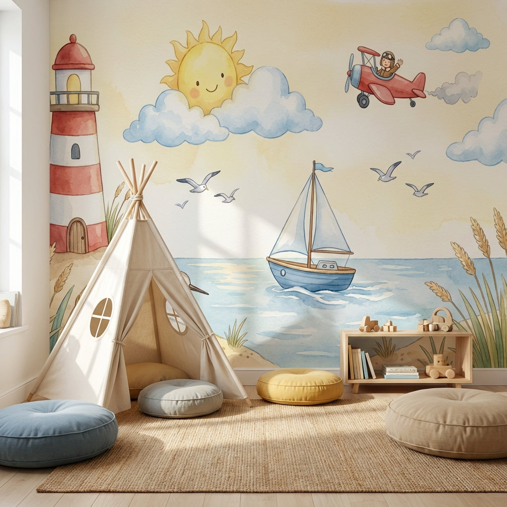 Lighthouse Coastal Wallpaper Cartoon Whimsical Wall Mural