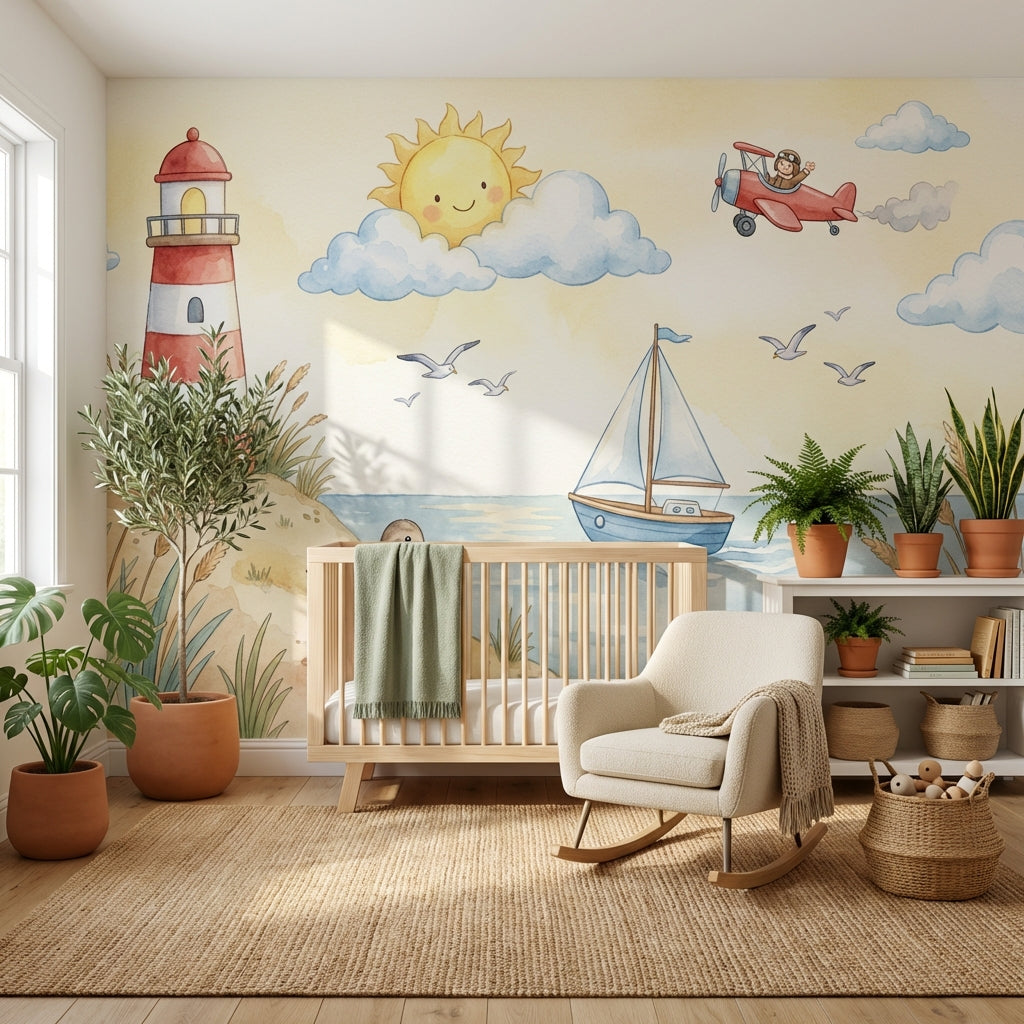 Lighthouse Coastal Wallpaper Cartoon Whimsical Wall Mural