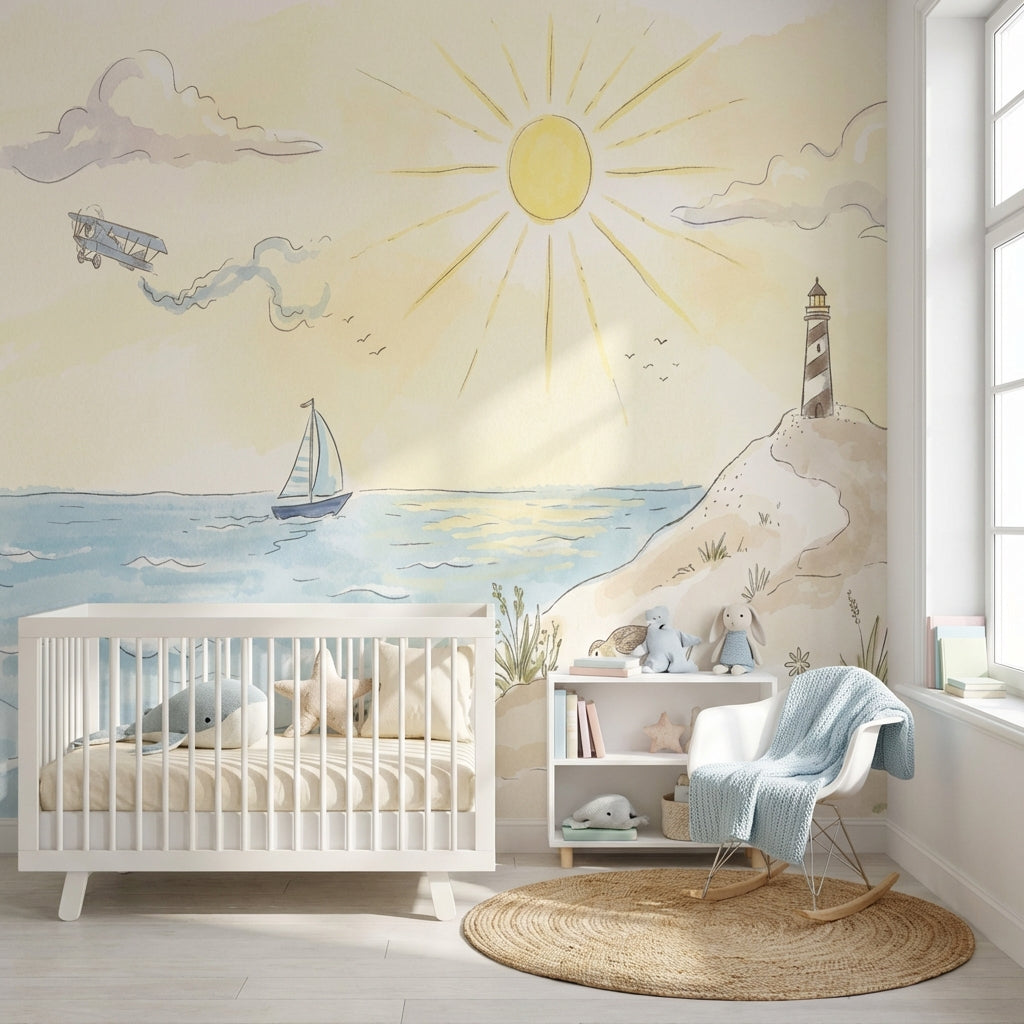 Sailboat Wallpaper Lighthouse Coastal Wall Mural
