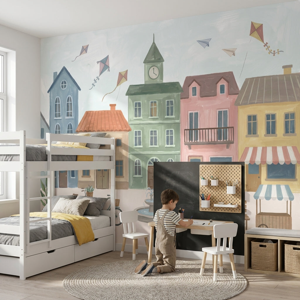 Whimsical Town Wallpaper Illustrative Bicycle Wall Mural