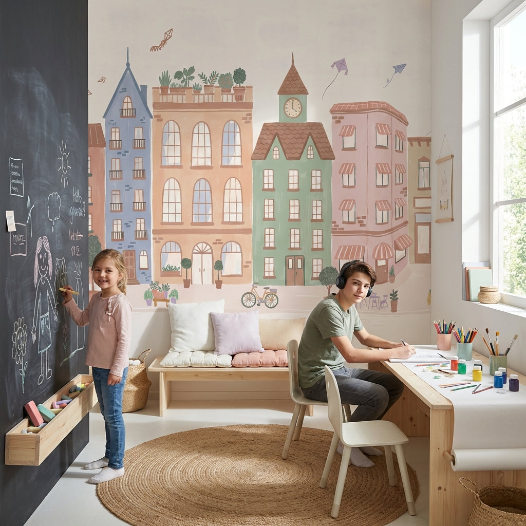 Whimsical Urban Wallpaper Pastel Buildings Wall Mural