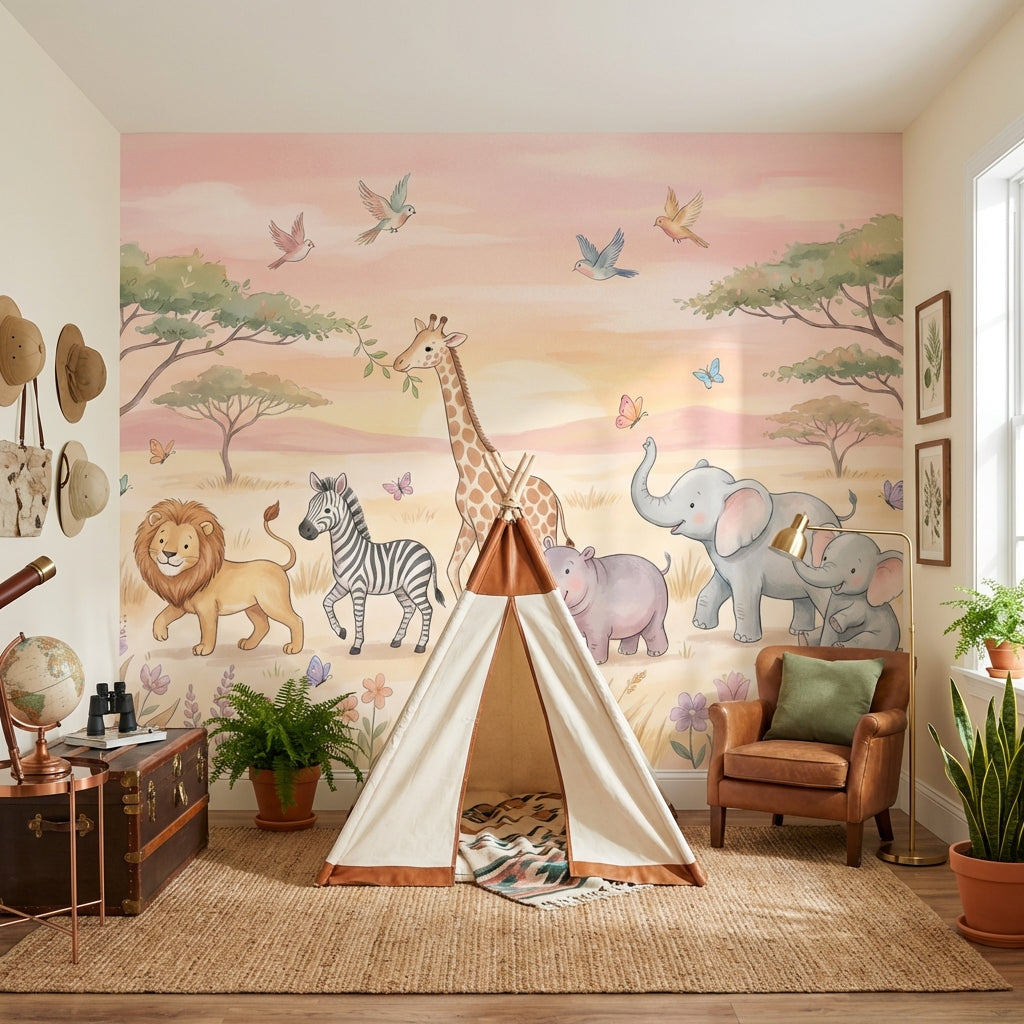 Safari Animals Wallpaper Pastel Cartoon Wall Mural