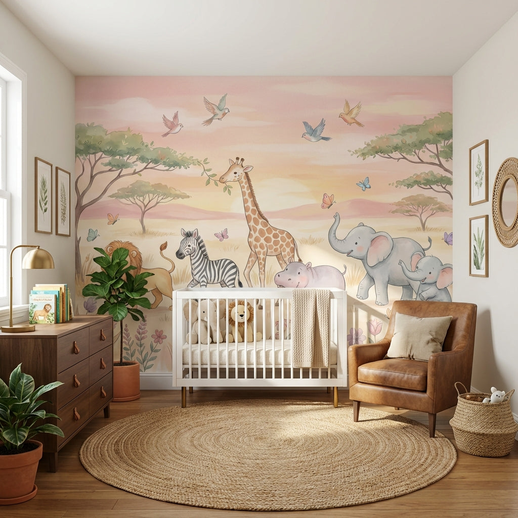 Safari Animals Wallpaper Pastel Cartoon Wall Mural