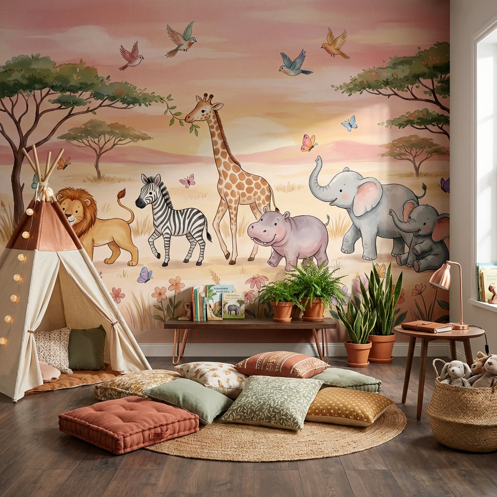 Safari Animals Wallpaper Pastel Cartoon Wall Mural