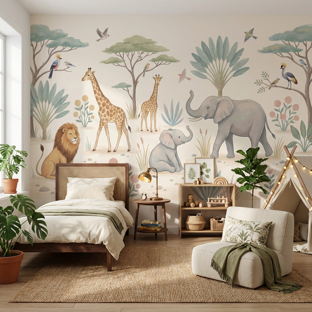 Safari Animals Wallpaper Pastel Nature Wall Mural