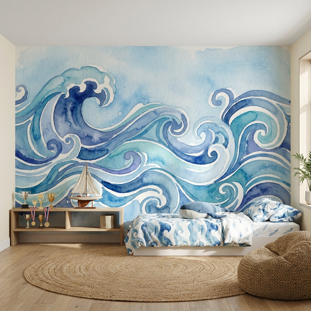 Ocean Waves Wallpaper Watercolor Modern Wall Decor
