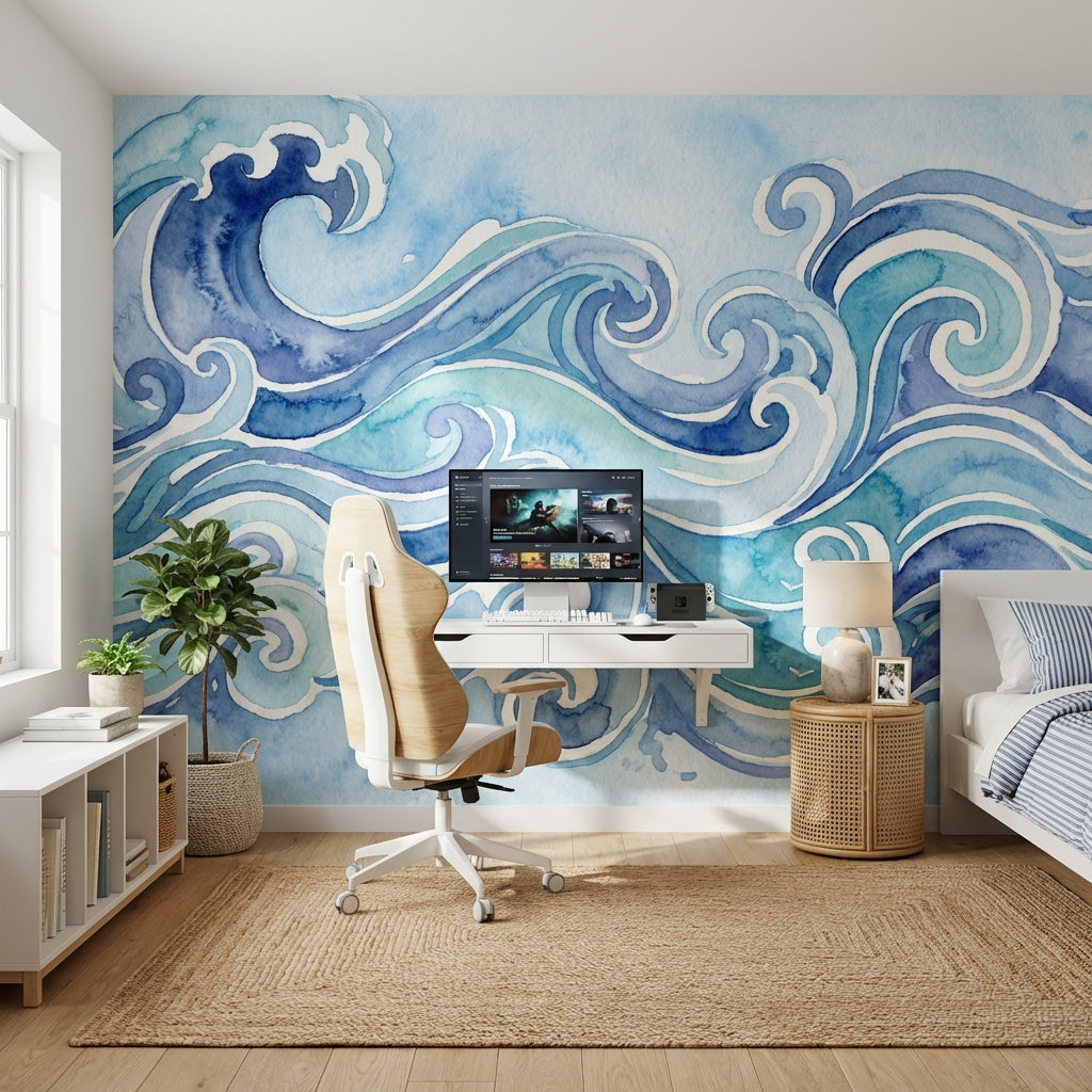 Ocean Waves Wallpaper Watercolor Modern Wall Decor