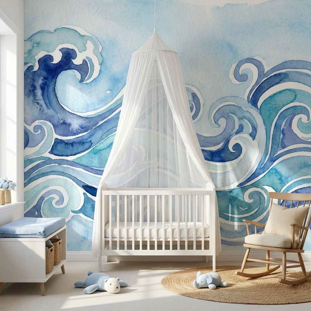 Ocean Waves Wallpaper Watercolor Modern Wall Decor