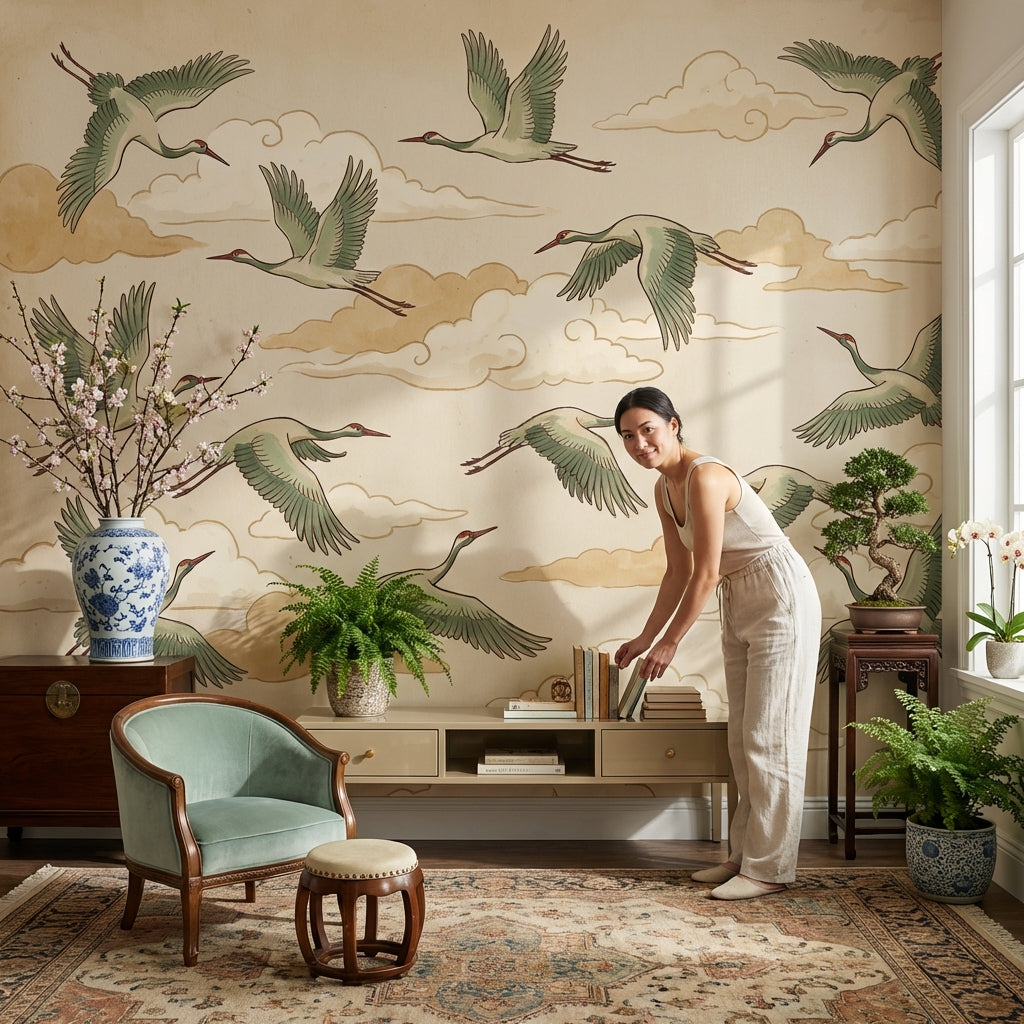 Muted Green Wallpaper Birds Vintage Wall Mural