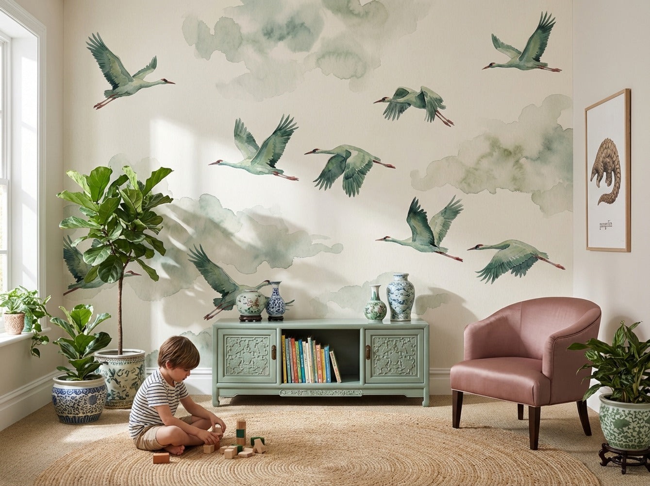 Shades Of Green Wallpaper Flying Birds Watercolor Wall Decor