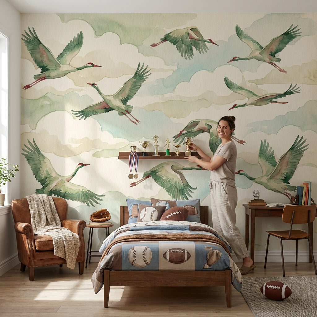 Shades Of Green Wallpaper Birds Watercolor Wall Mural