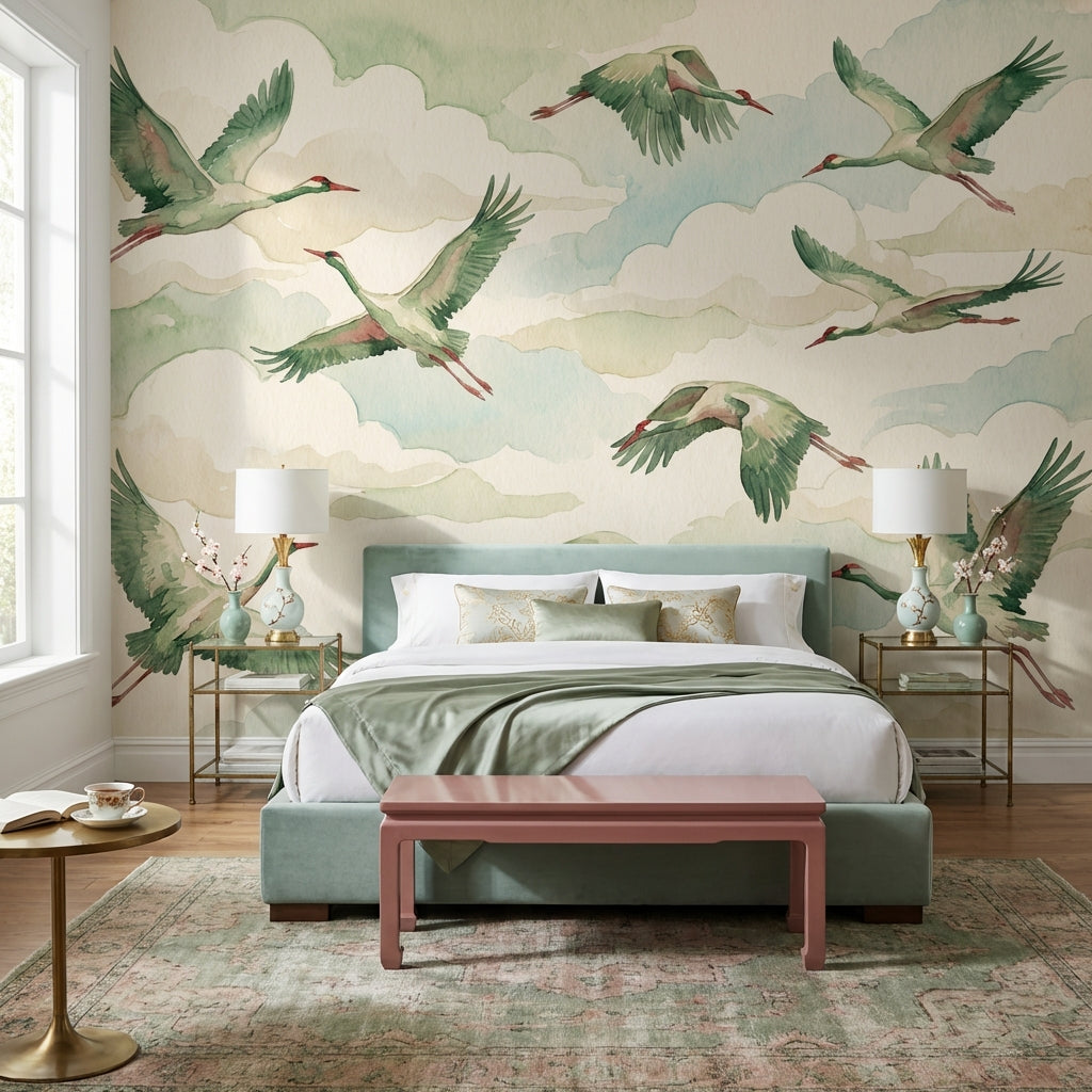 Shades Of Green Wallpaper Birds Watercolor Wall Mural
