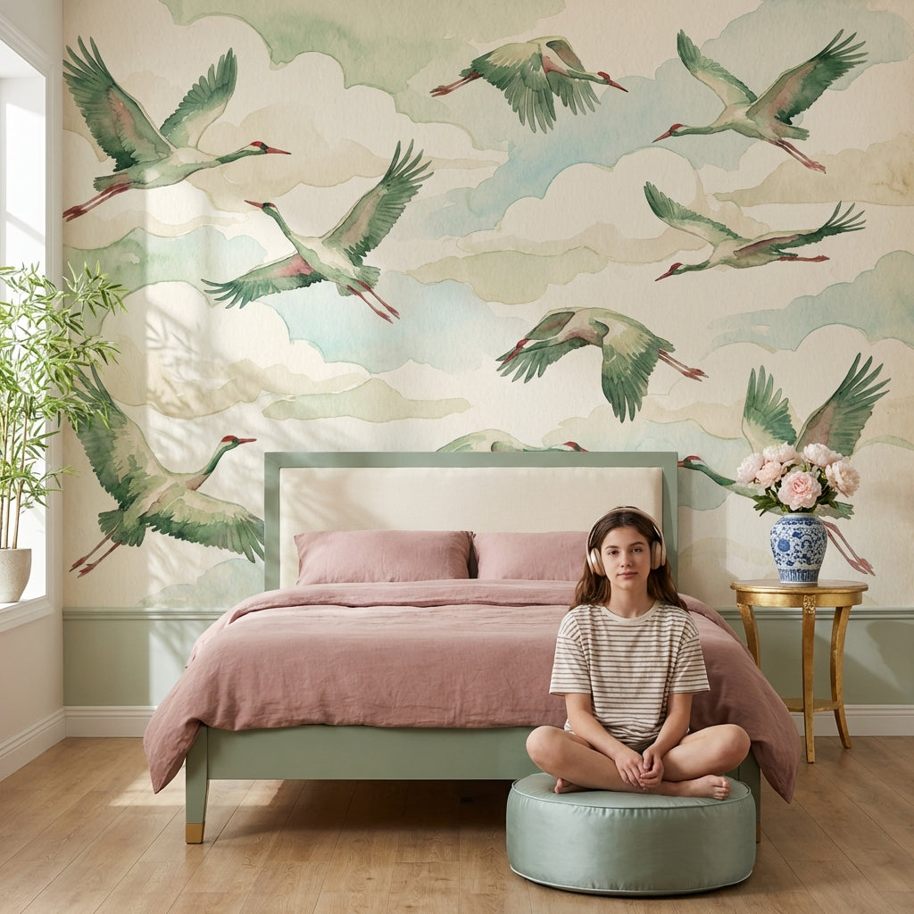 Shades Of Green Wallpaper Birds Watercolor Wall Mural