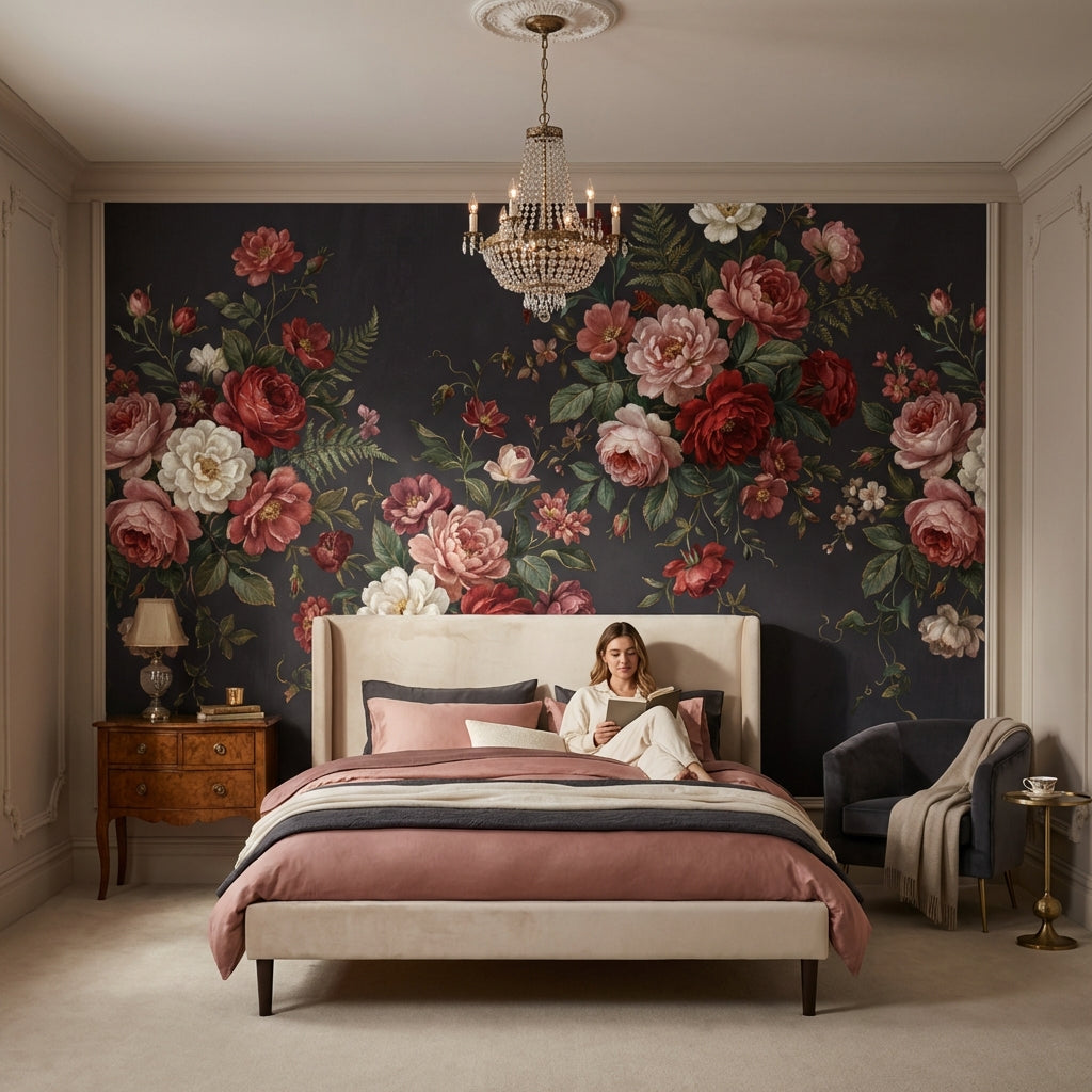 Vintage Floral Wallpaper Roses Dark Wall Mural
