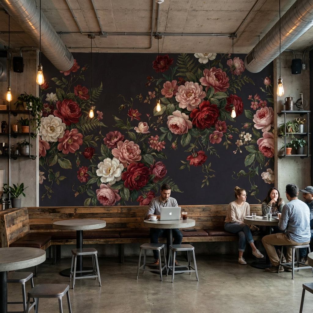 Vintage Floral Wallpaper Roses Dark Wall Mural