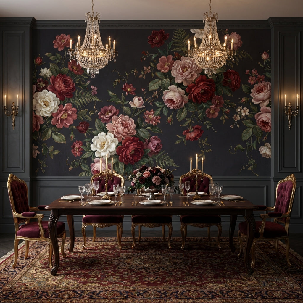 Vintage Floral Wallpaper Roses Dark Wall Mural