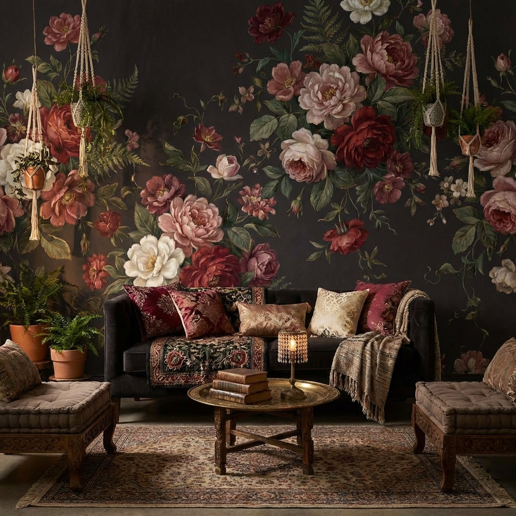 Vintage Floral Wallpaper Roses Dark Wall Mural