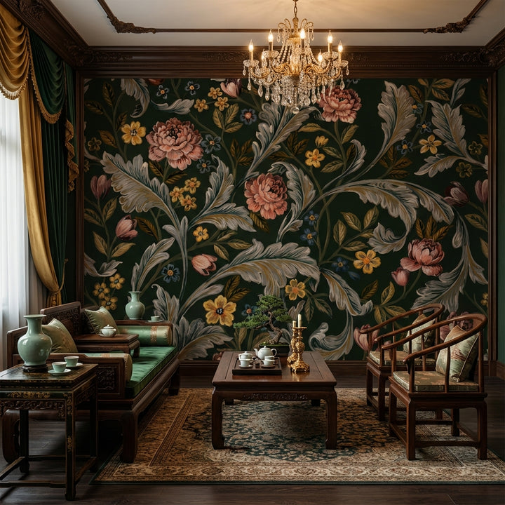 Vintage Floral Wallpaper Dark Classic Wall Mural
