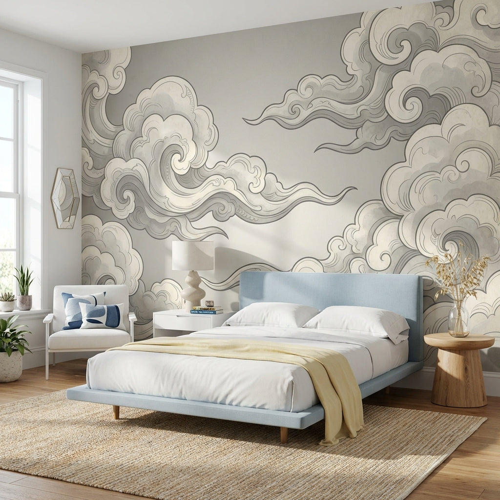 Chinoiserie Wallpaper Cloud Gray Removable Wall Decor