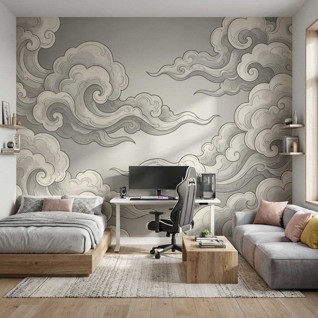 Chinoiserie Wallpaper Cloud Gray Removable Wall Decor
