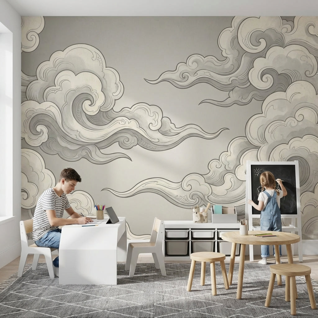 Chinoiserie Wallpaper Cloud Gray Removable Wall Decor