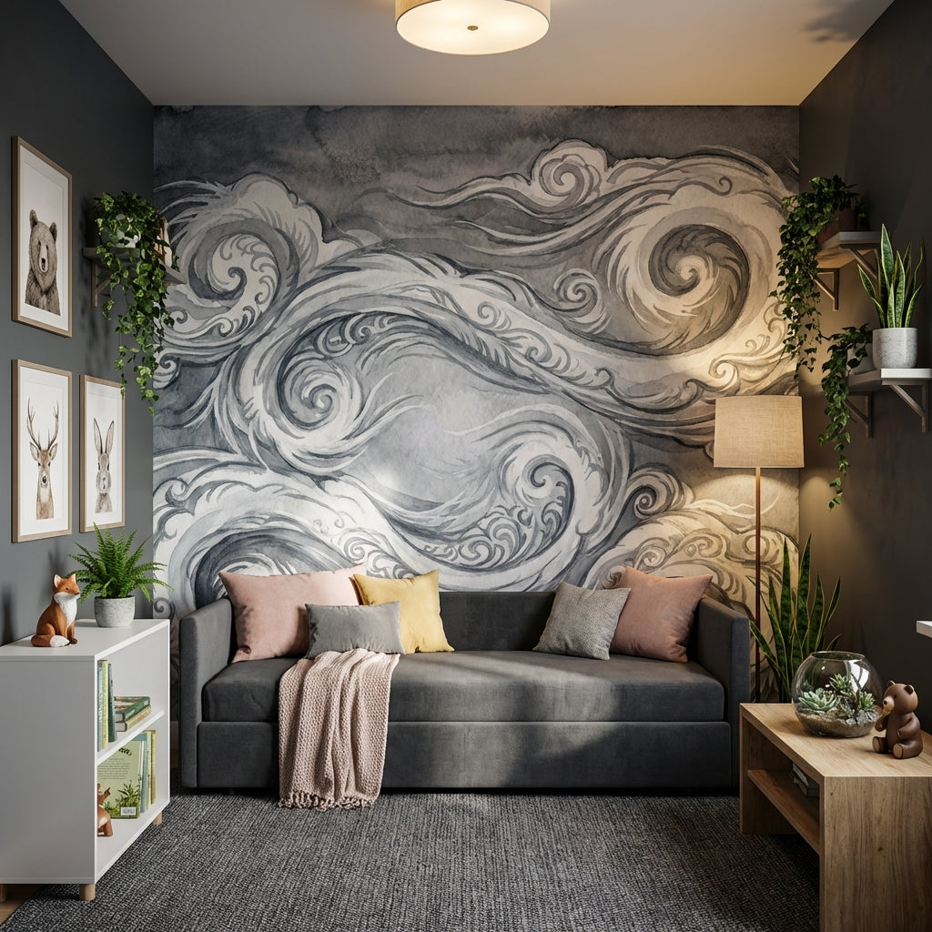 Abstract Wallpaper Swirls Gray Wall Mural
