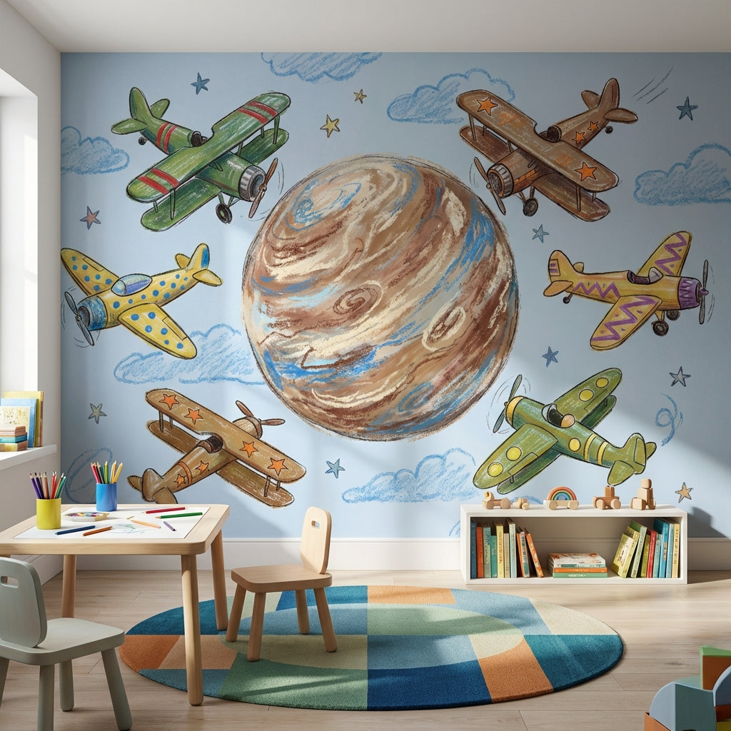 Space Airplanes Wallpaper Whimsical Planet Wall Mural