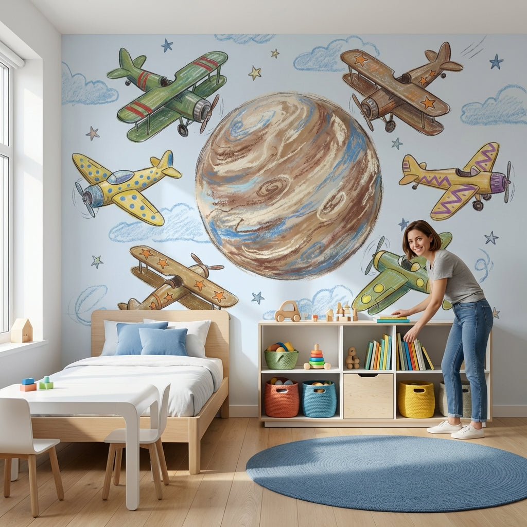 Space Airplanes Wallpaper Whimsical Planet Wall Mural