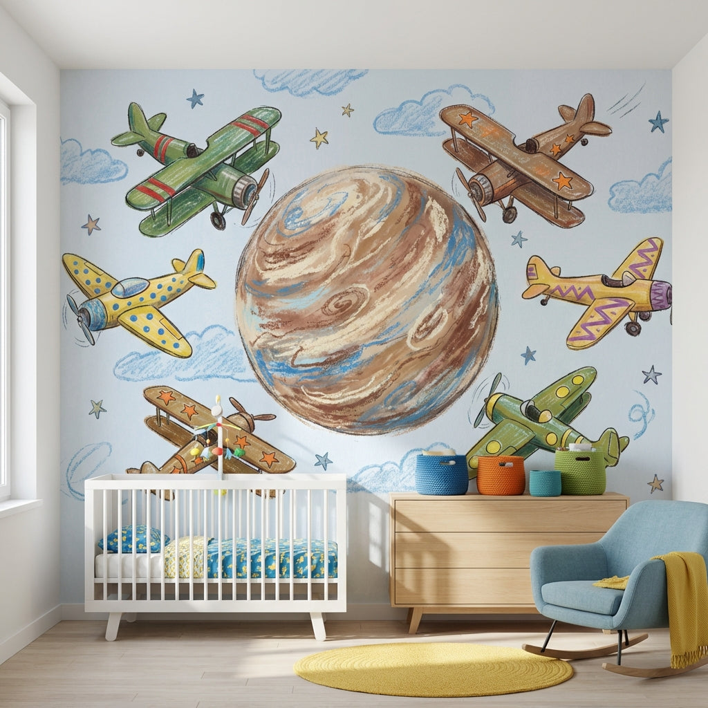 Space Airplanes Wallpaper Whimsical Planet Wall Mural