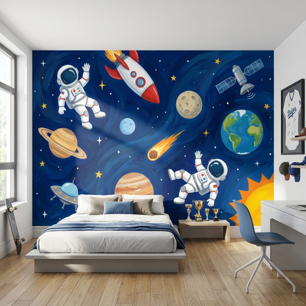 Astronaut Wallpaper Planets Cartoon Wall Decor