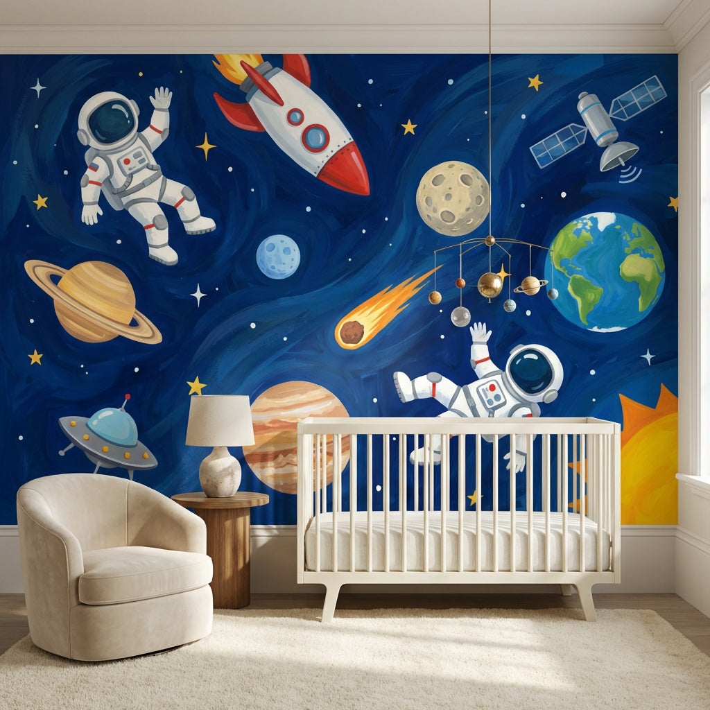 Astronaut Wallpaper Planets Cartoon Wall Decor