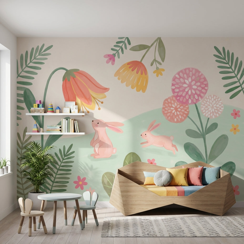 Rabbits Wallpaper Pastel Abstract Wall Mural