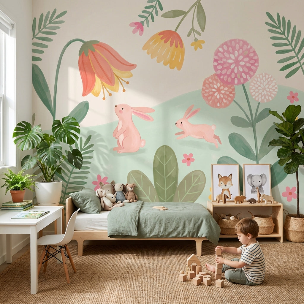 Rabbits Wallpaper Pastel Abstract Wall Mural
