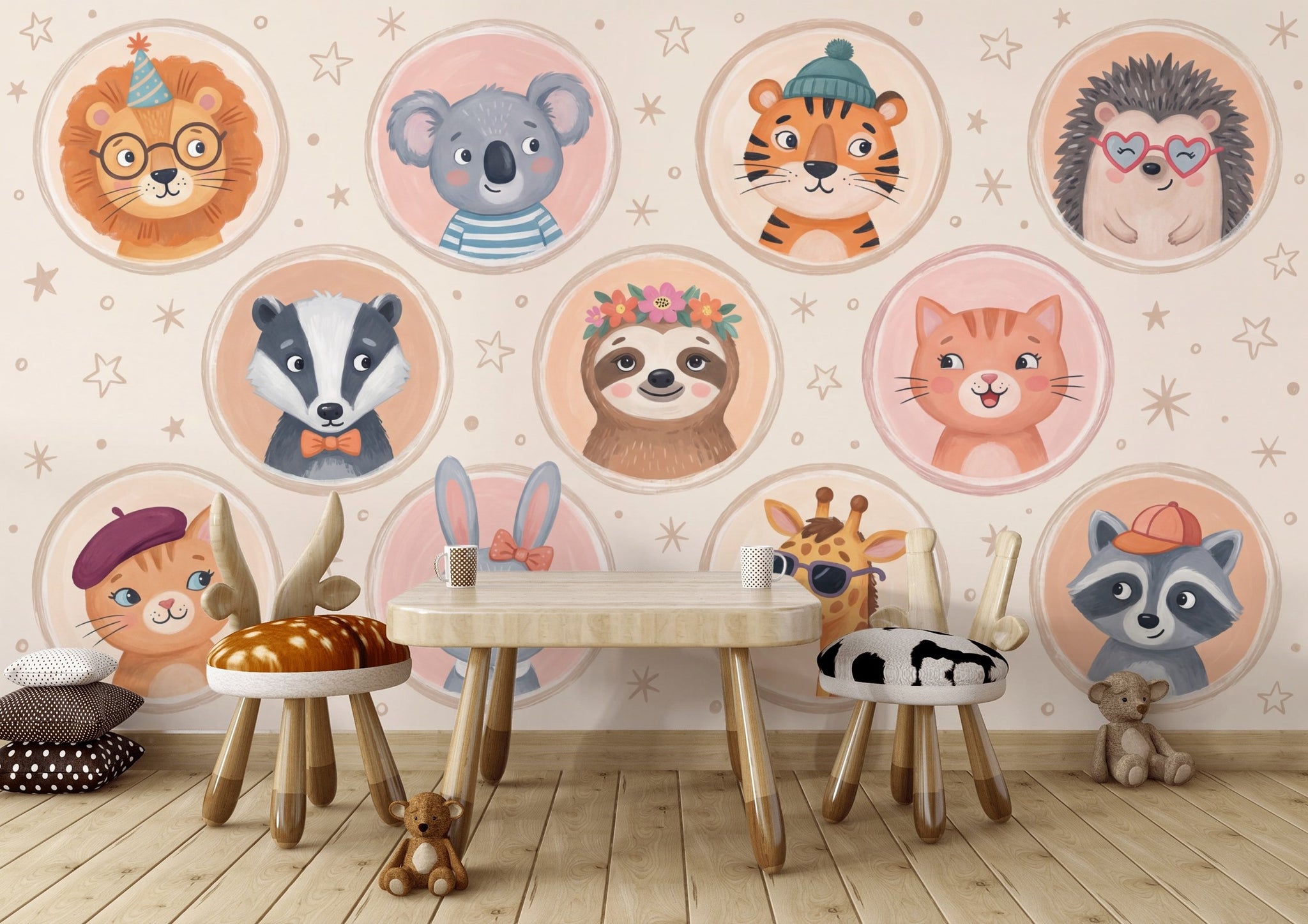 Whimsical Animal Wallpaper Cartoon Playful Wall Mural