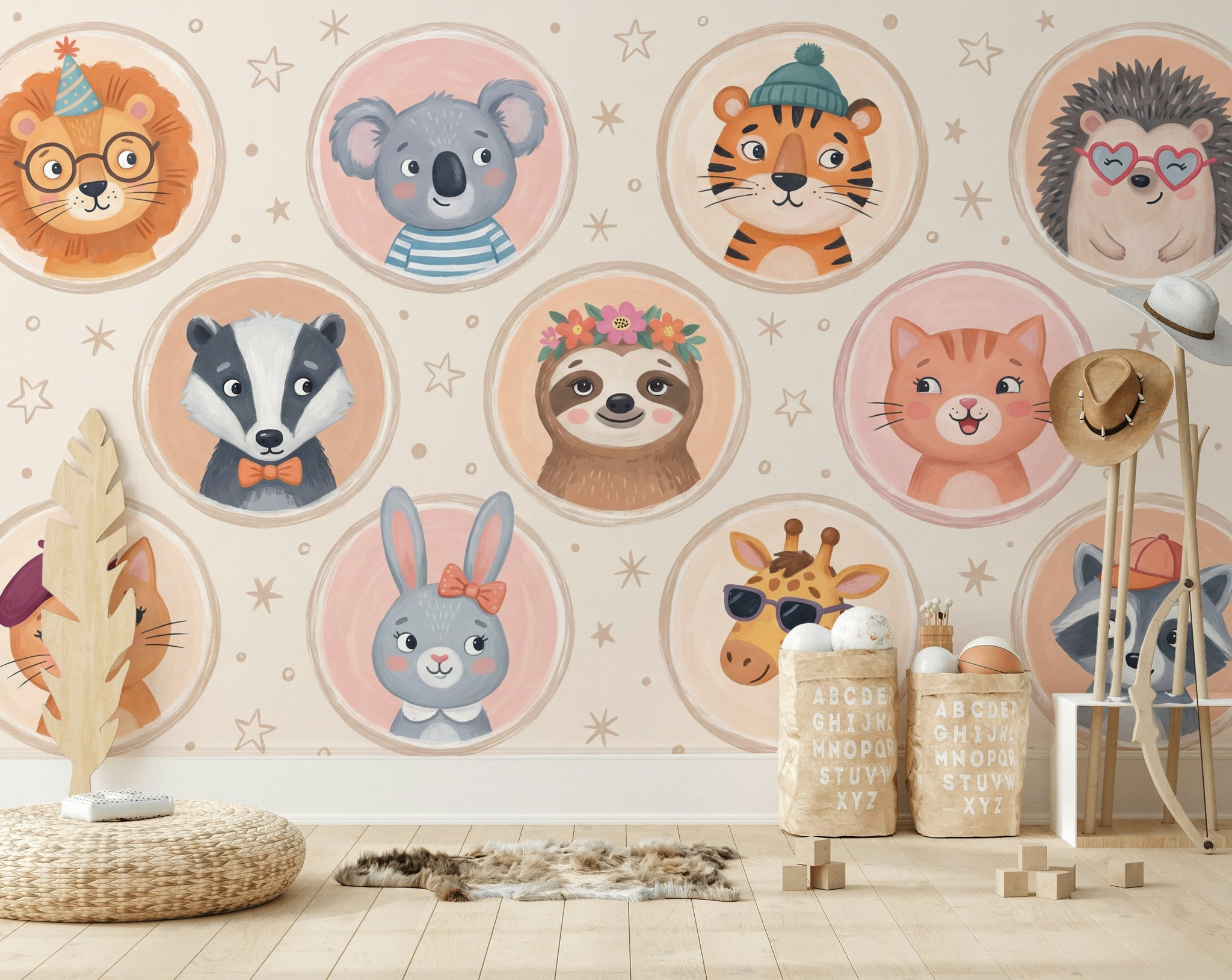 Whimsical Animal Wallpaper Cartoon Playful Wall Mural