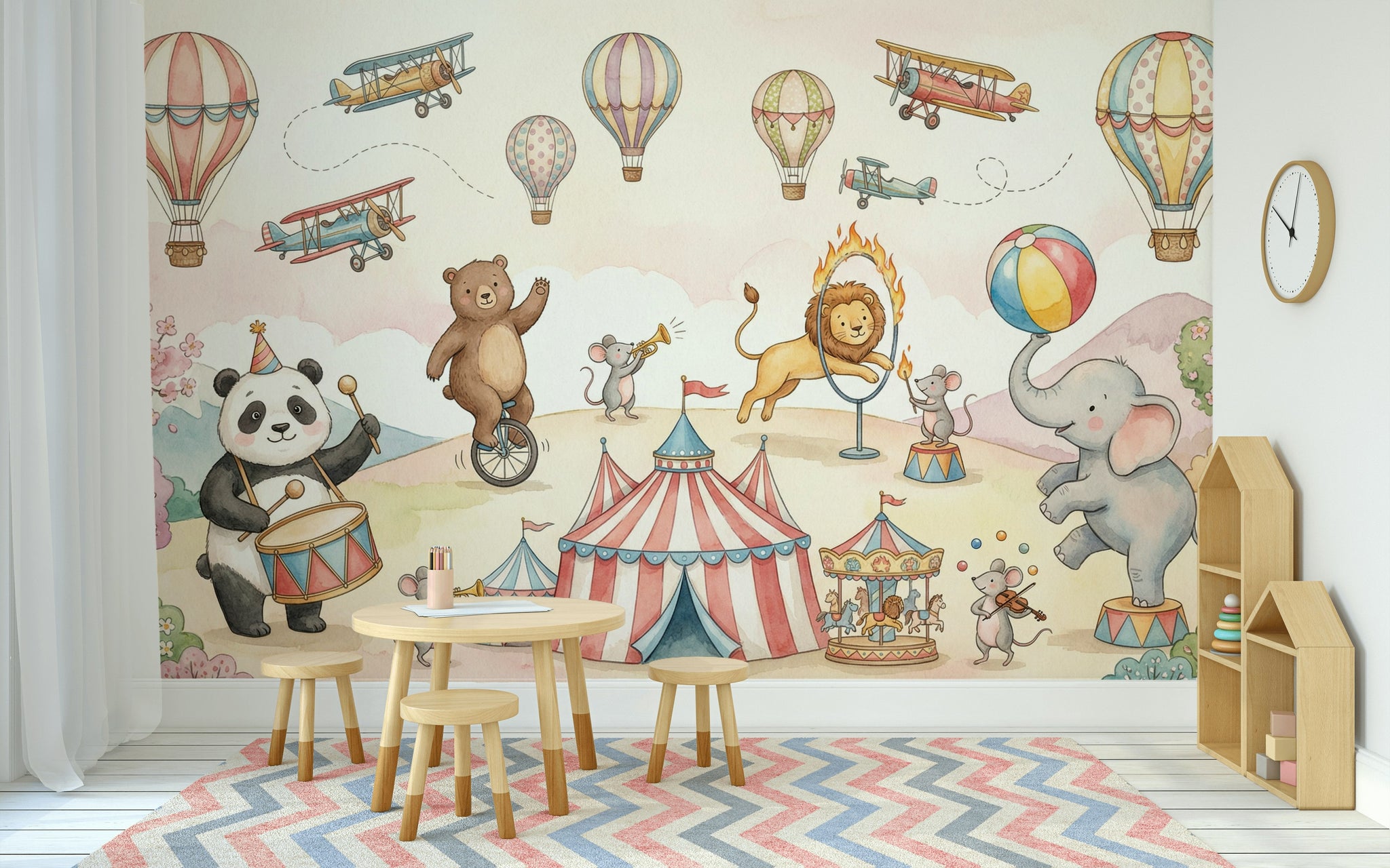 Circus Animals Wallpaper Hot Air Balloons Whimsical Wall Mural