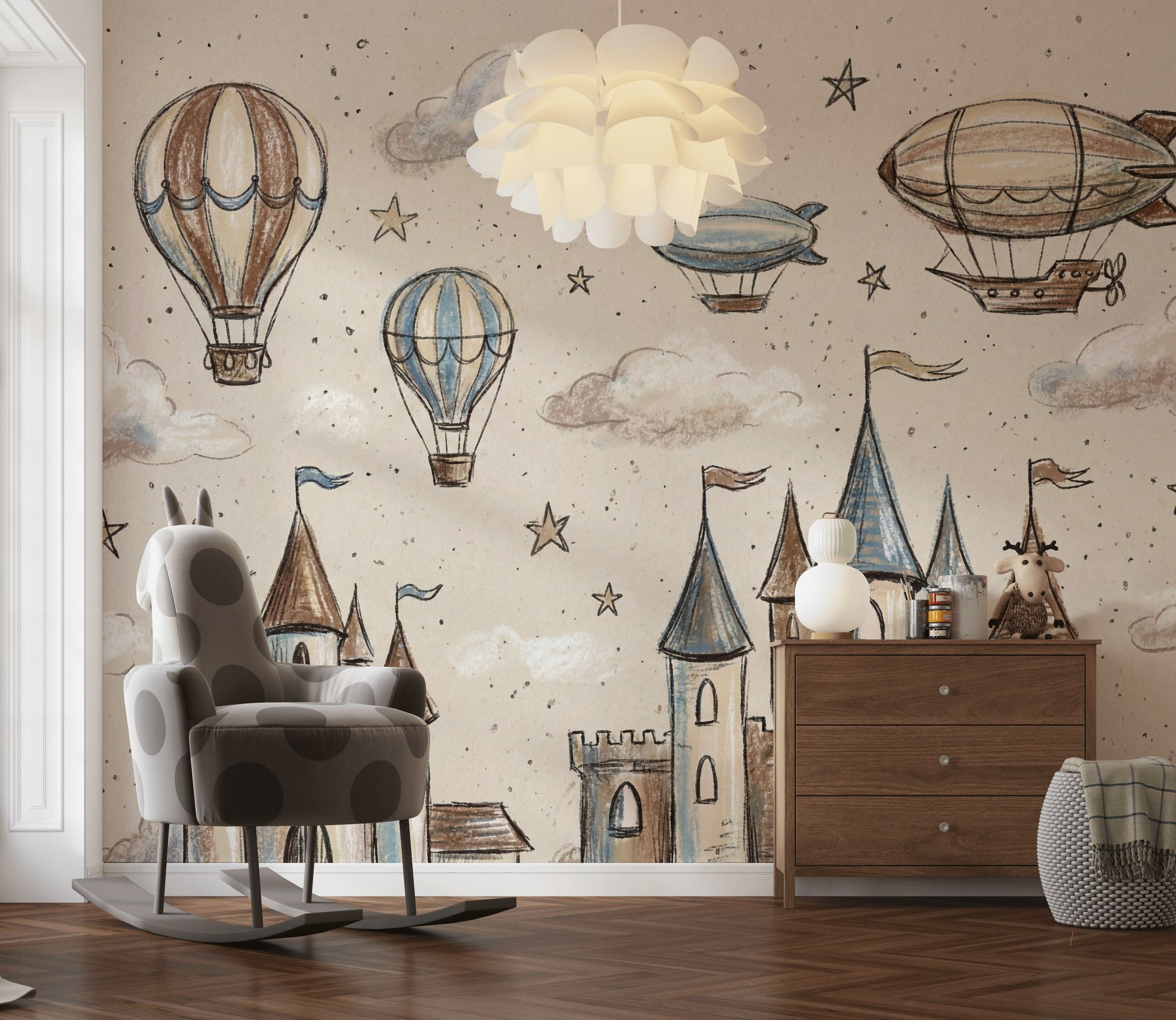 Whimsical Castle Wallpaper Sketch Stars Removable Wall Decor
