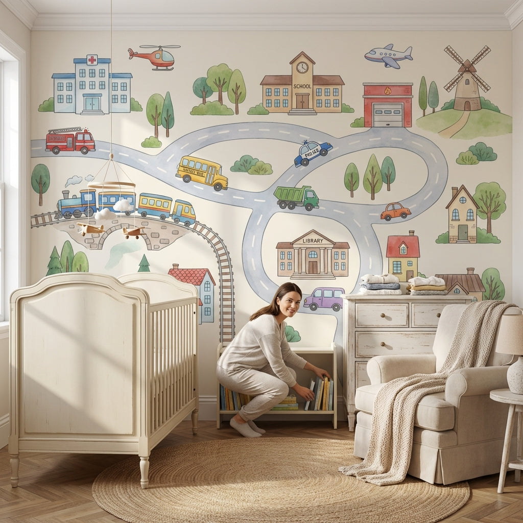 Town Wallpaper Vehicles Buildings Wall Mural