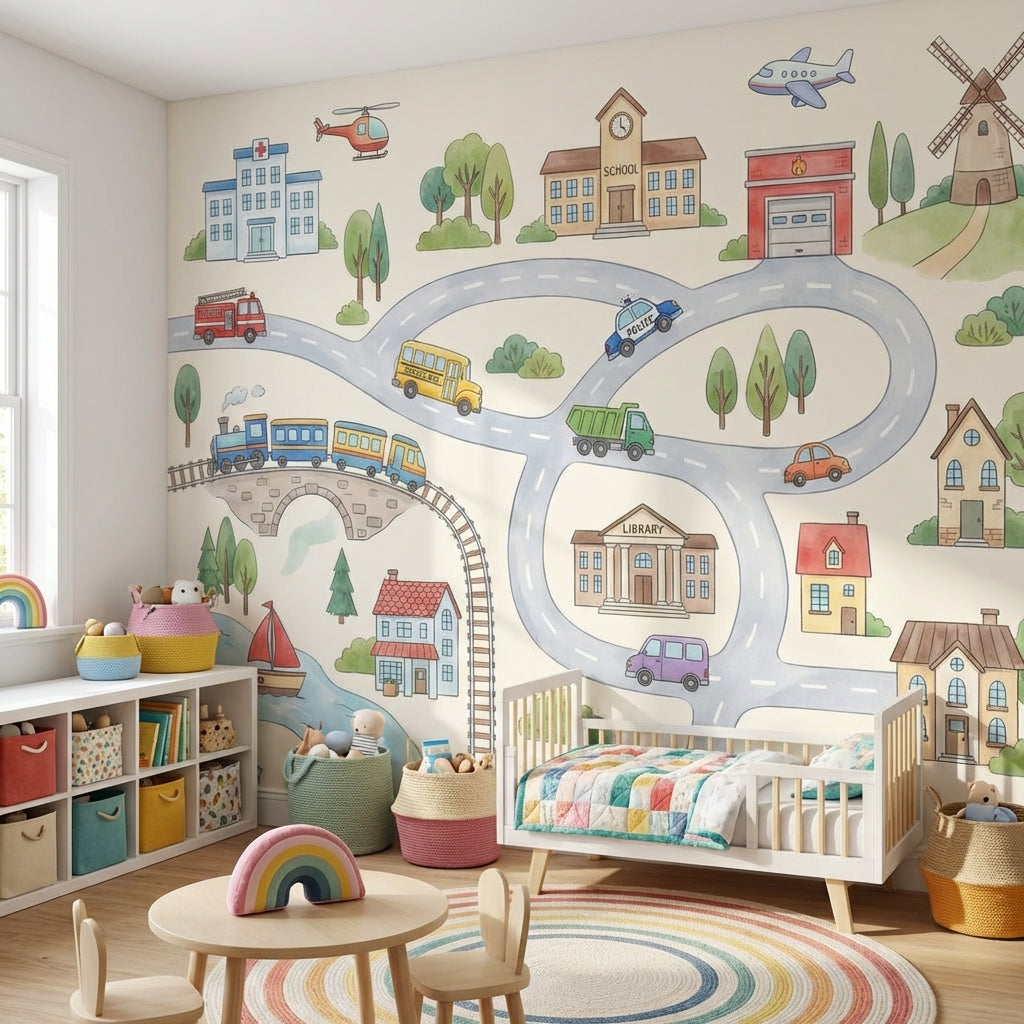 Town Wallpaper Vehicles Buildings Wall Mural