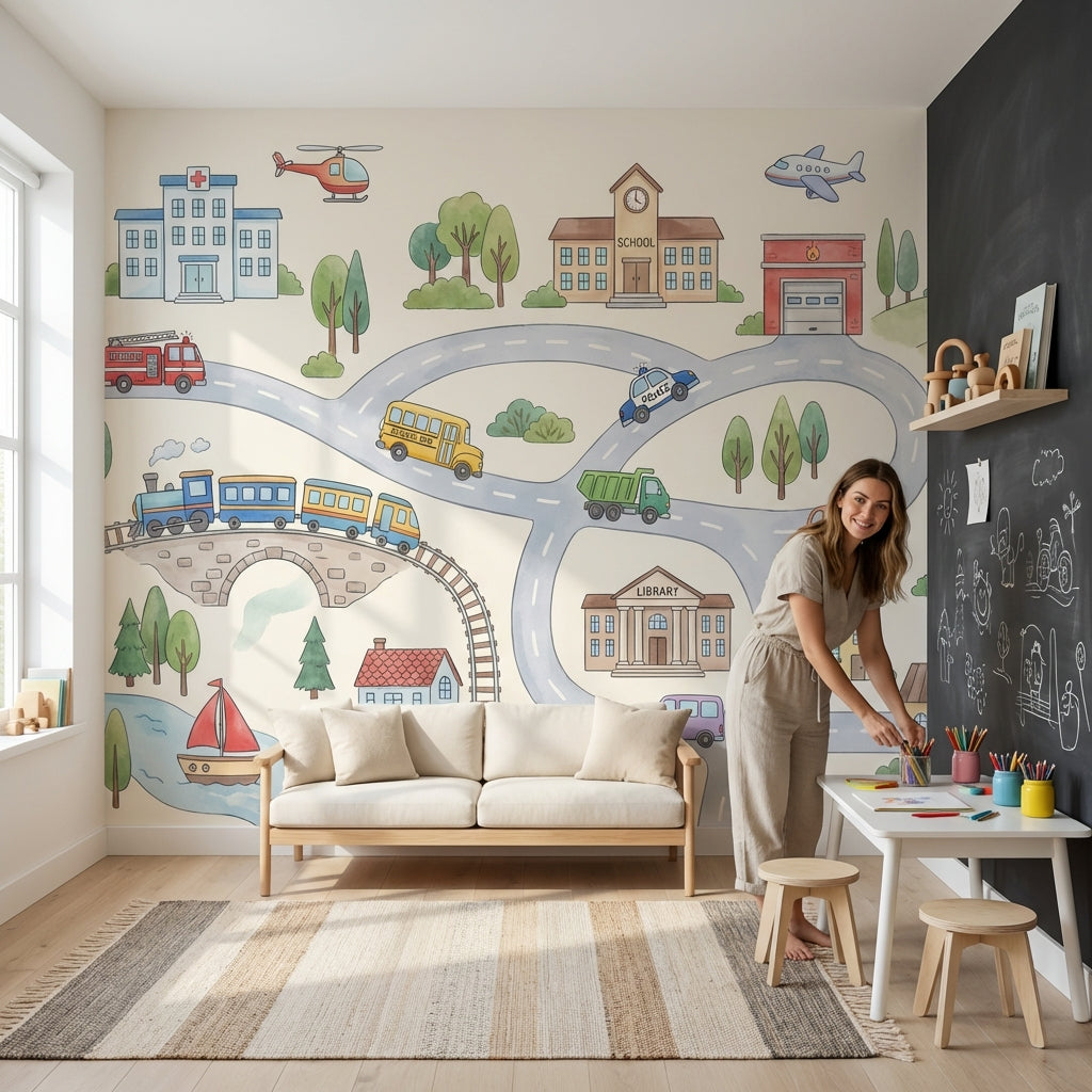Town Wallpaper Vehicles Buildings Wall Mural