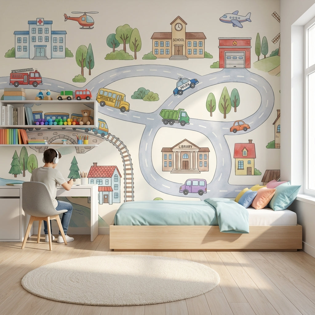 Town Wallpaper Vehicles Buildings Wall Mural