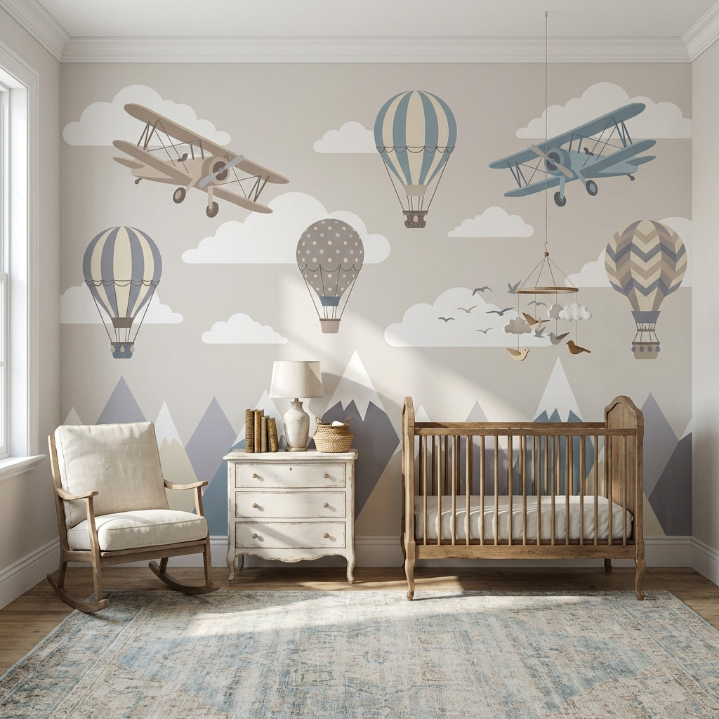 Airplanes Wallpaper Hot Air Balloons Mountains Wall Mural