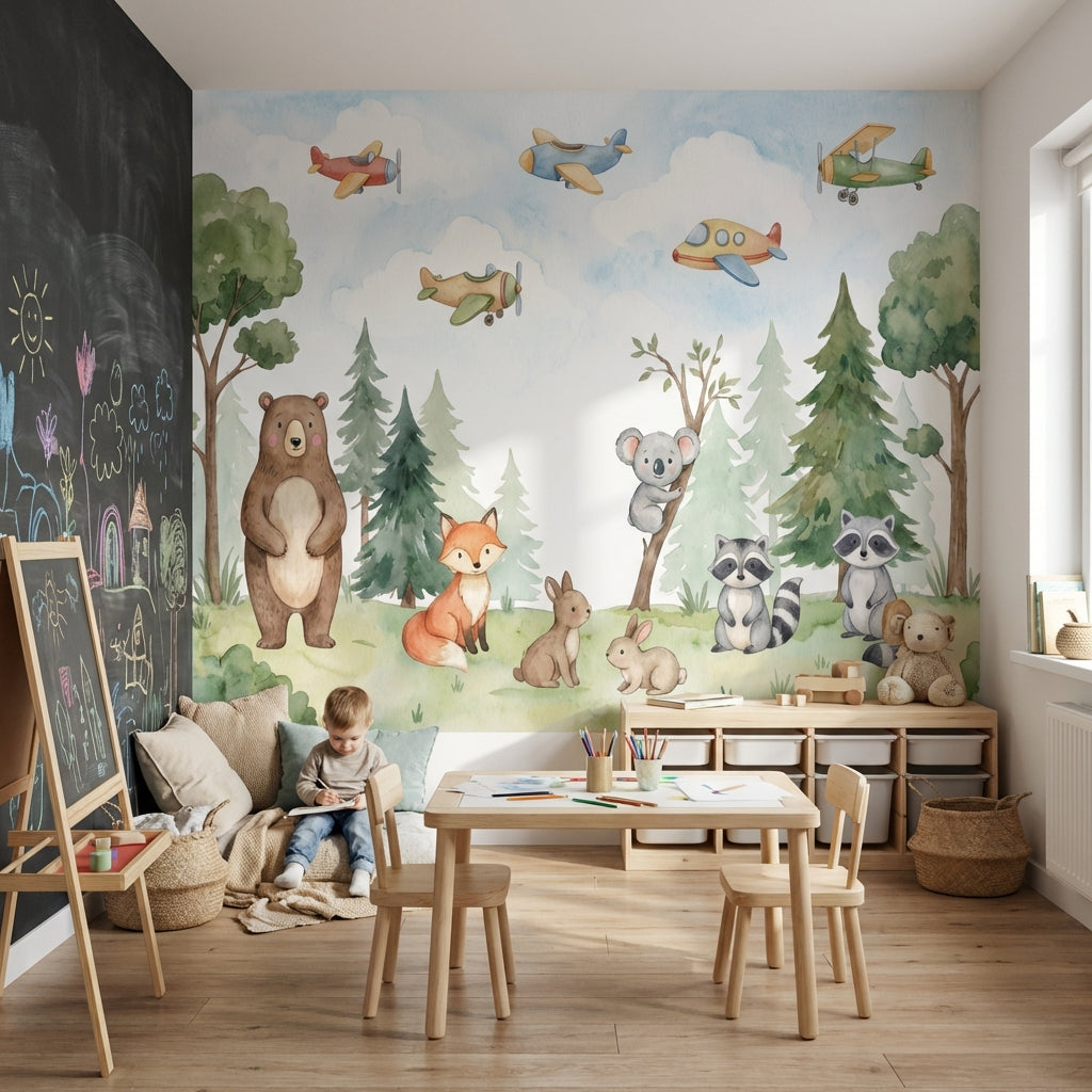 Whimsical Forest Wallpaper Animal Watercolor Wall Mural
