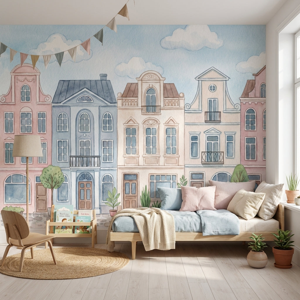 Townhouses Wallpaper Watercolor Architecture Wall Decor