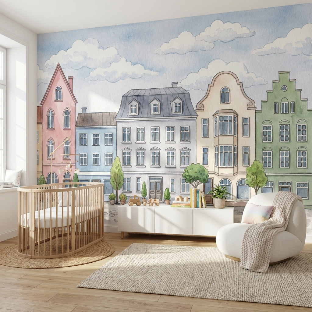Watercolor Street Wallpaper Pastel European Wall Mural