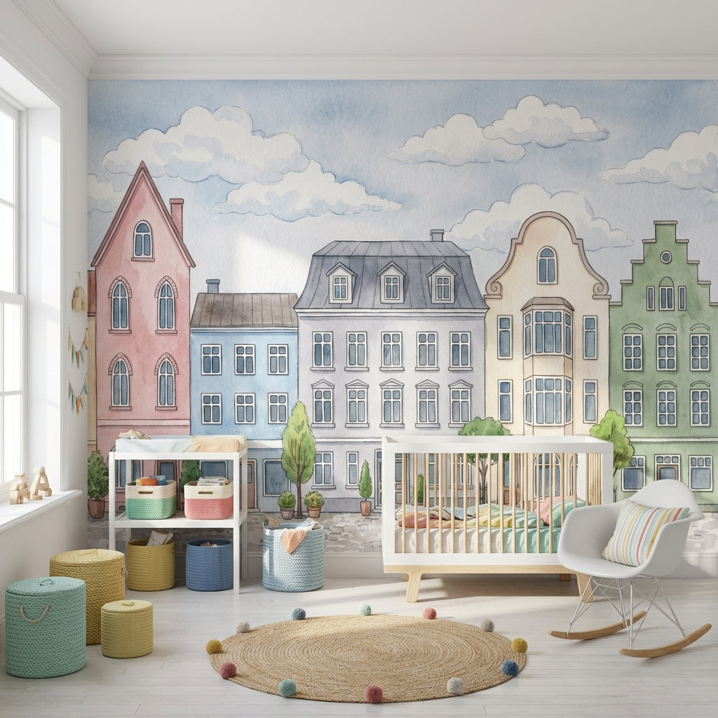 Watercolor Street Wallpaper Pastel European Wall Mural